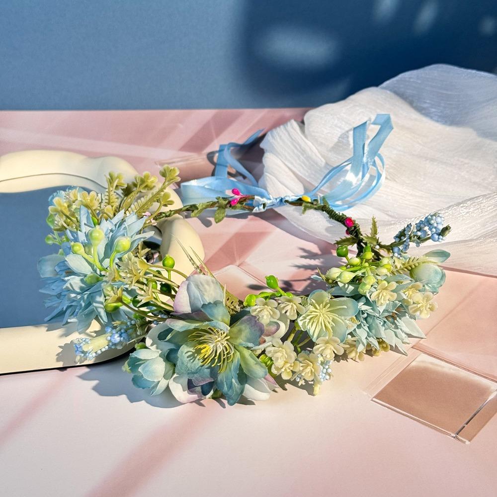 Fashion Forest Flower Wreath Flower Plastic Floral Headband Adjustable Ribbon Hair Accessories Wedding синий