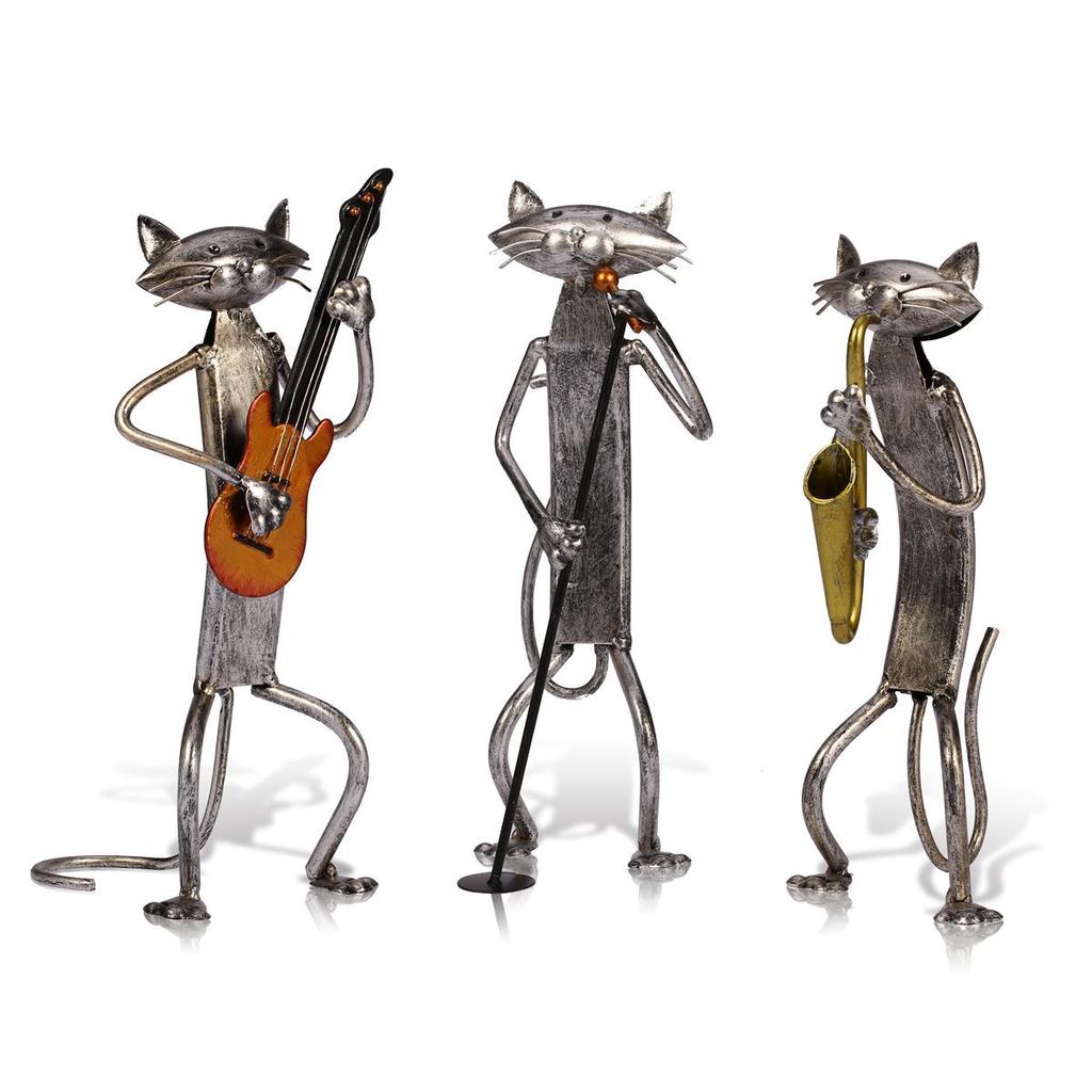 Three Little Cat Band Ornament Metal Music Desktop Decoration Originality Saxophone Guitar Gift Modern For Home