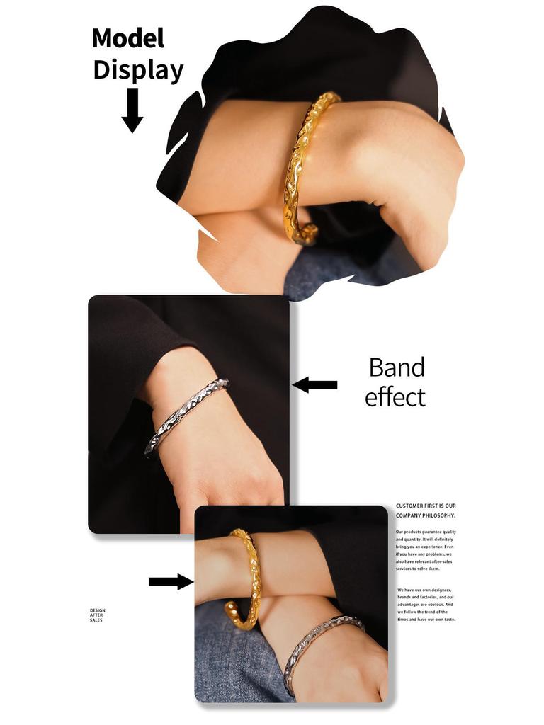 European American INS Style Irregular Hammered Texture Bracelet, 18k Gold-Plated Titanium Steel, Simple Retro Design.