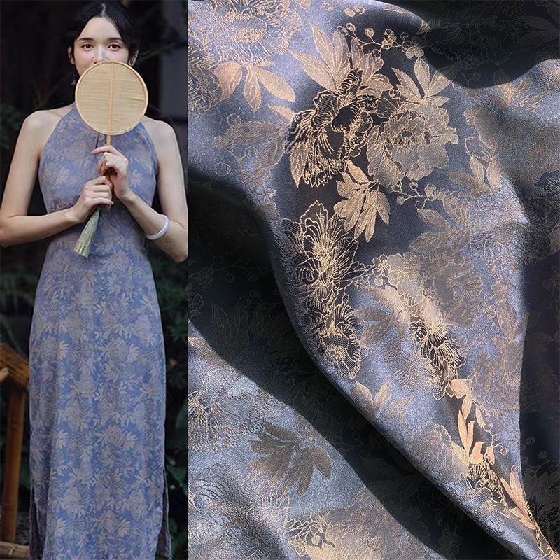 Polyester Cotton  Peony Jacquard Fabric Retro Embossed National Style Texture Designer Fabric For Diy Hanfu Cheongsam Dress