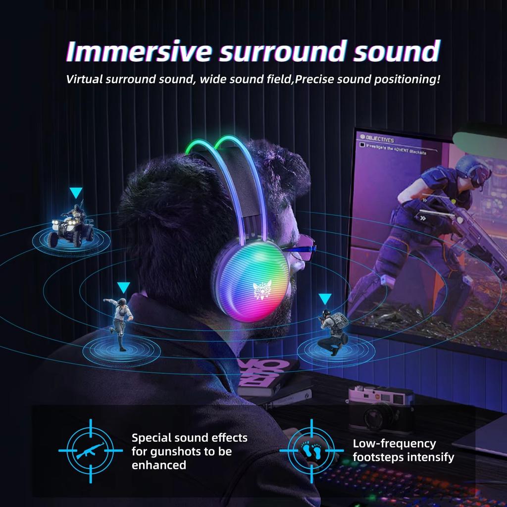 אוזניות גיימינג חוטיות Onikuma X29 עם תאורת RGB מותקנת על הראש, אורך כבל 2.2 מטר
