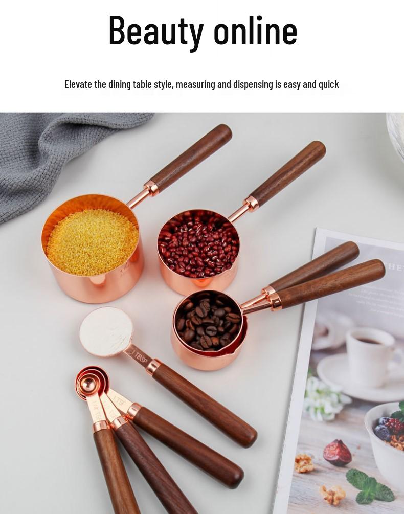Gold-Plated Stainless Steel Measuring Cups & Spoons with Solid Wood Handles and Scale Markings for Baking.