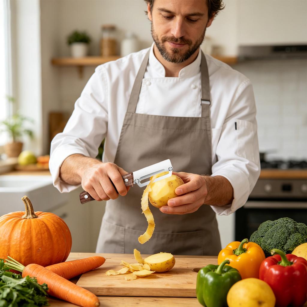 Multi Function Vegetable Peeler Stainless Steel Blade Kitchen Peeler with Ergonomic Wooden Handle for Efficient Peeling and Cutting Tasks
