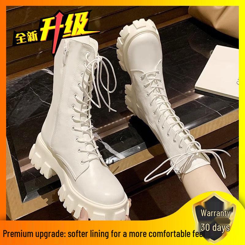 Petite Women's White High-Top Martin Boots, Thick-Soled British Style Mid-Calf Shoes for Spring and Autumn 2025.