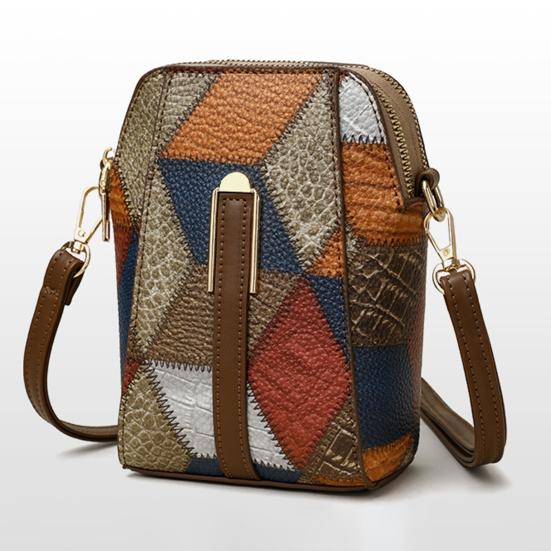 Crossbody Shoulder Bag Vintage Geometric Ladies Phone Bag Patchwork Colorblock Purses Double Layers Detachable Shoulder Strap Lady Purse Commute