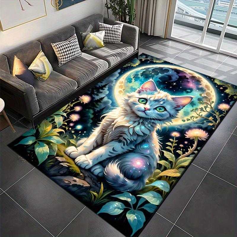 Kristall Samt Mystischer Mondlicht Katzen Druck Teppich – Lebendiges Sternenhimmel Design mit Verzaubertem Wald & Pilzen, Rutschfeste Heimdekoration C