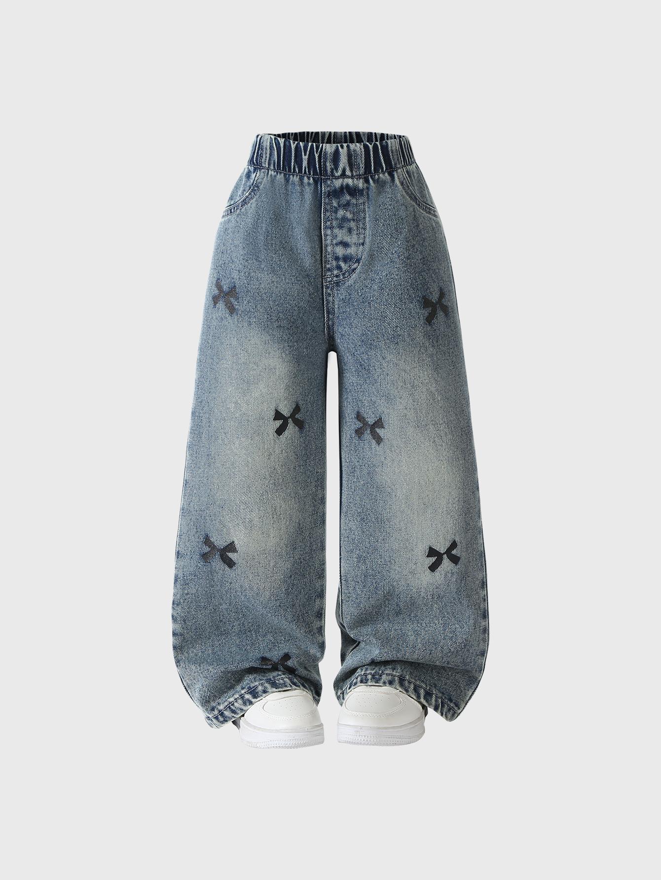 

Single-piece casual everyday versatile cute little bow snowflake washed light blue straight wide-leg jeans for girls 4Y