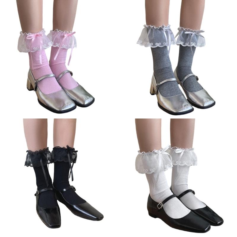 Fashionable Ruffle Mesh Splicing Ankle Socks with Bows Detail Breathable Elegant Solid Color Middle Tube Socks for Women