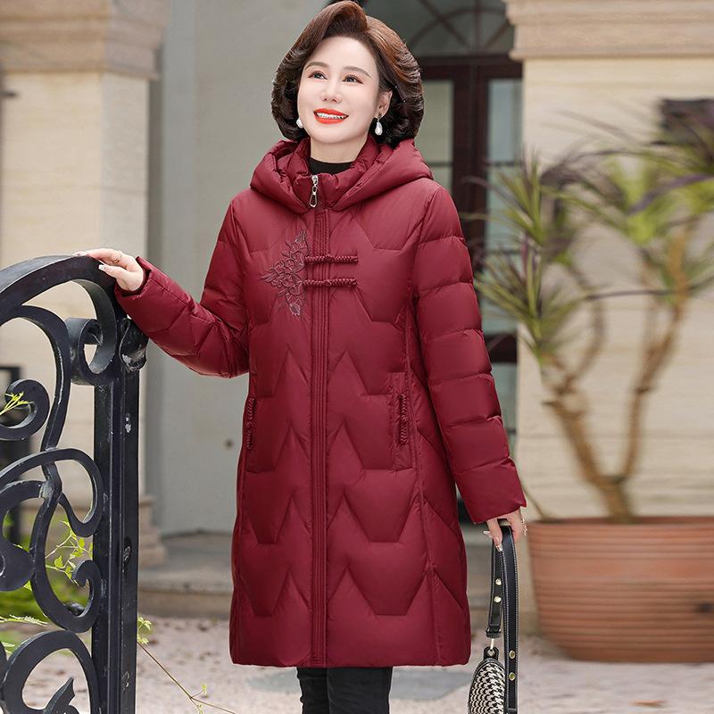 Big down jacket women's new high-end middle-aged mother white duck down hooded long knee warm jacket