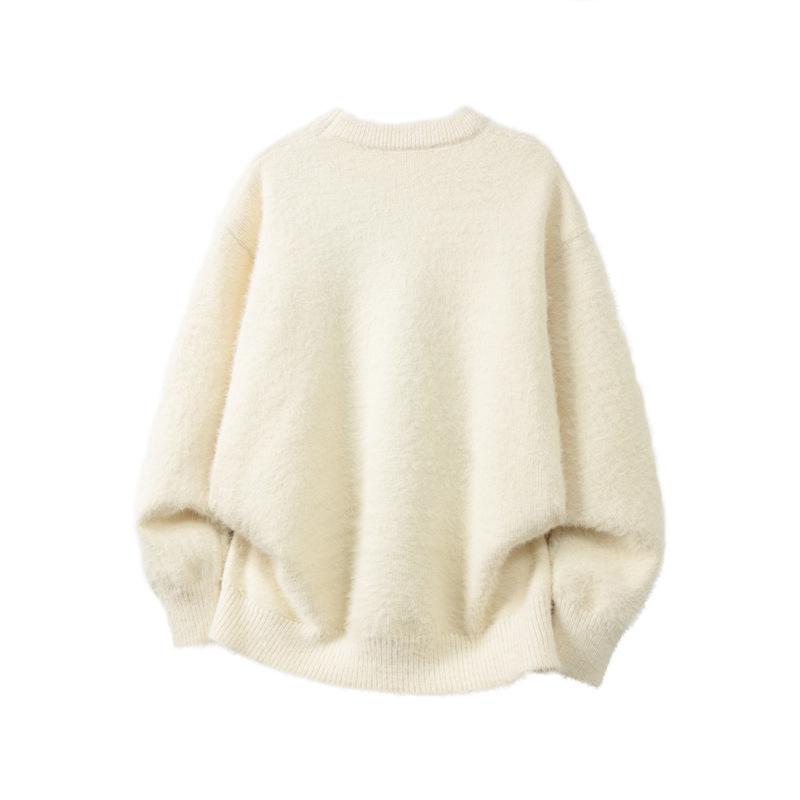 Men's Faux Mink Fur Knit Sweater, Retro-Style, Solid Color, Round Neck, Spring Fashion.