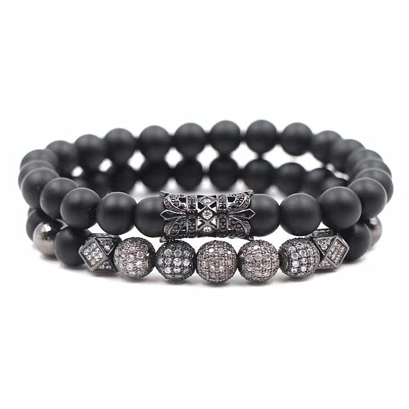 8mm Hexagonal Hollow Zircon Sphere Black Frosted Stone Bracelet Set