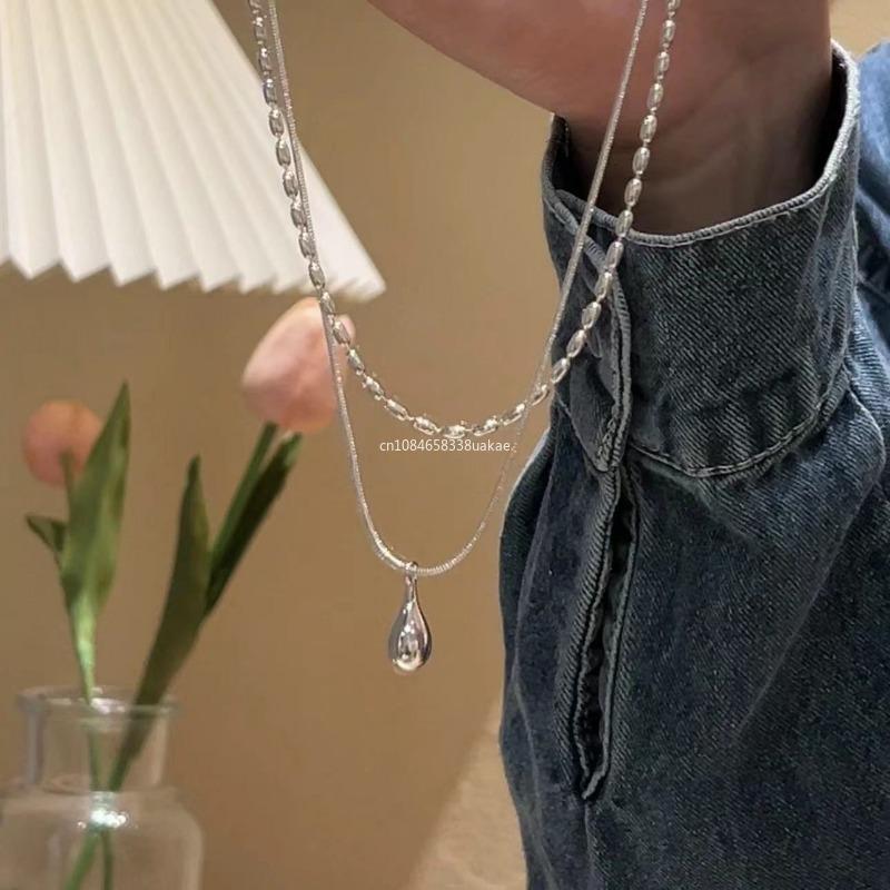 Silver Simple Design Drop Pendant Necklace for Women Double Collar Chain Fashion Fine Jewelry Gifts Long Layered Necklace