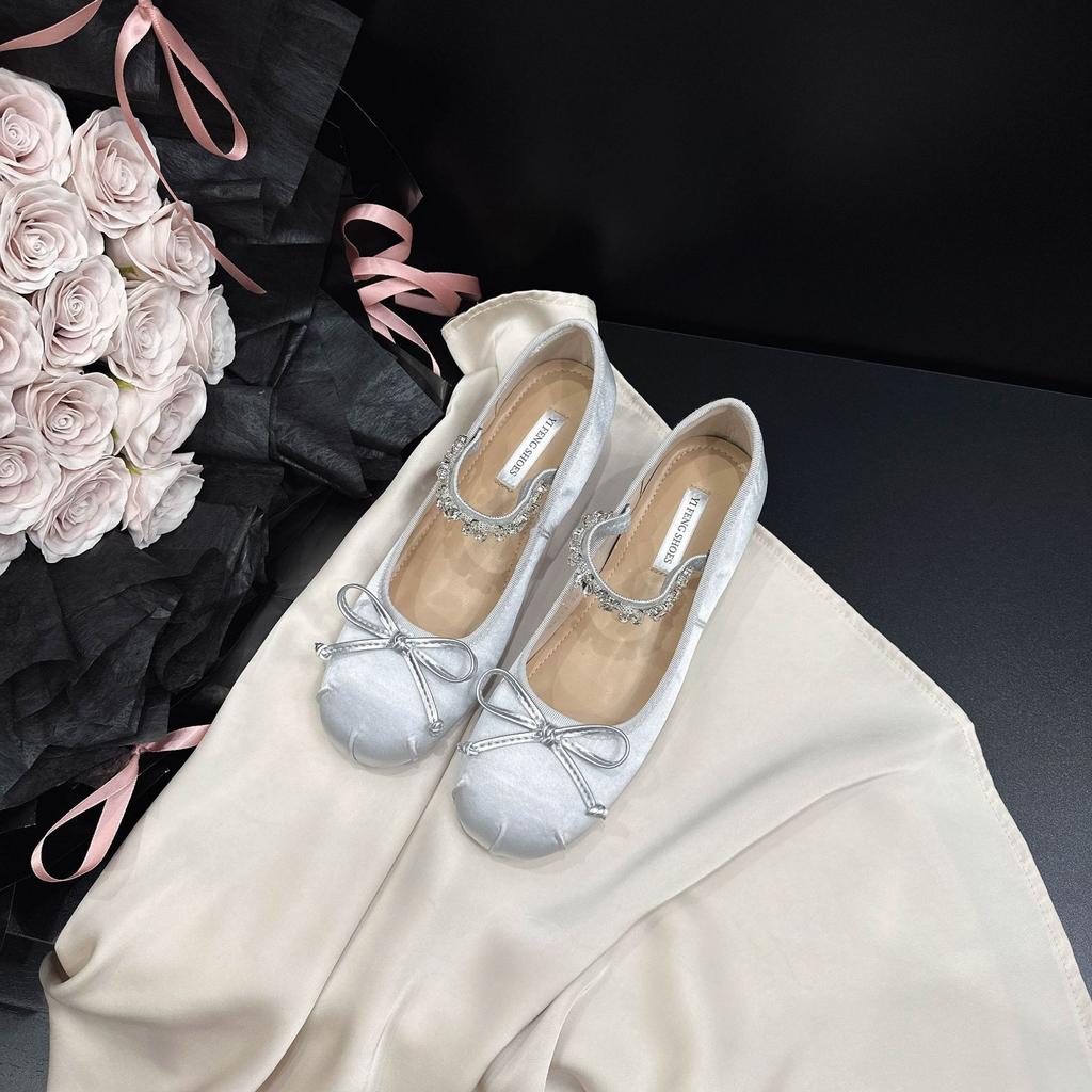 2025 autumn new French heightening 4cm satin bow Mary Jane shoes rhinestone word with thick heel single shoes women