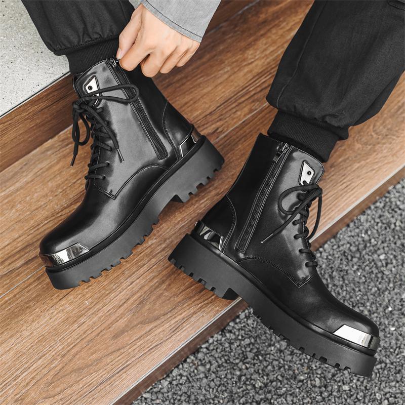 Men's Fashion Leather Boots Luxury Designer Style Office Party Outdoor Autumn and Winter Thick Soled Shoes Black Versatile