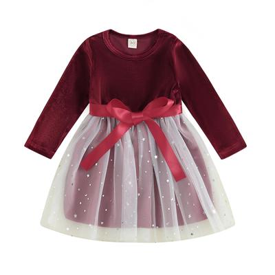 Παιδικό κοριτσίστικο φόρεμα βελούδινο πούλιες αστέρια με στρώσεις διχτυωτό τούλι παπιγιόν με λαιμόκοψη πλήρωμα μακρυμάνικο φόρεμα φθινοπωρινό Πριγκίπισσα