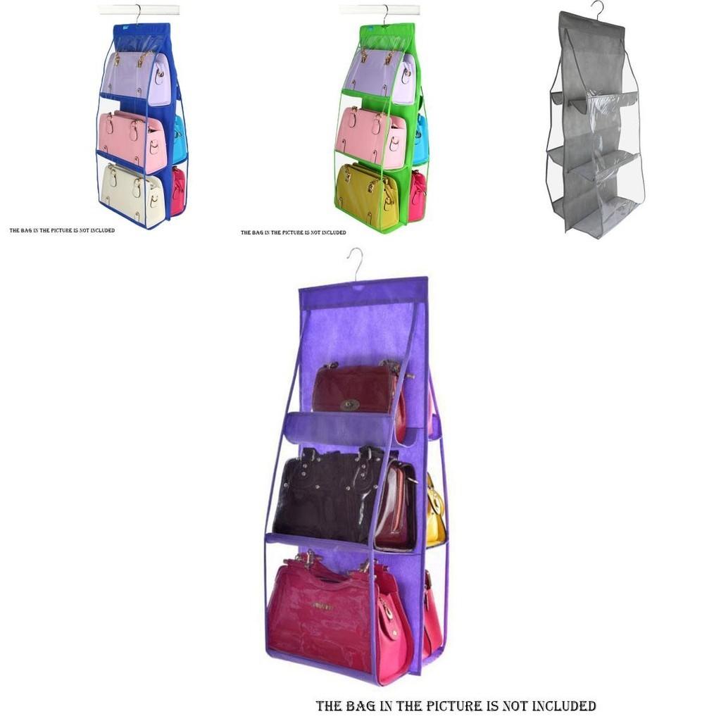 Elegant And Spacious 6 Pockets Clear Hanging Purse Handbag Tote Bag Organizer Rack