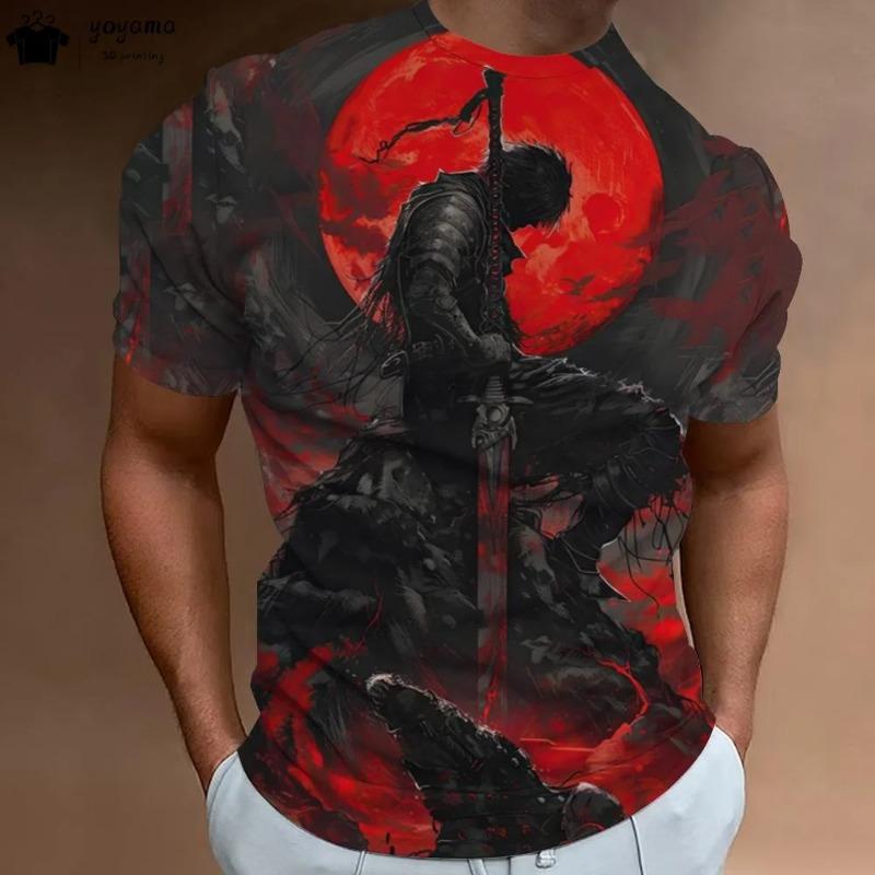 Vintage 3D Samurai Pattern T-Shirt Men Summer Outdoor Men Top Fashion Breathable Men Short Sleeve Tee Round Neck Men's Clothing