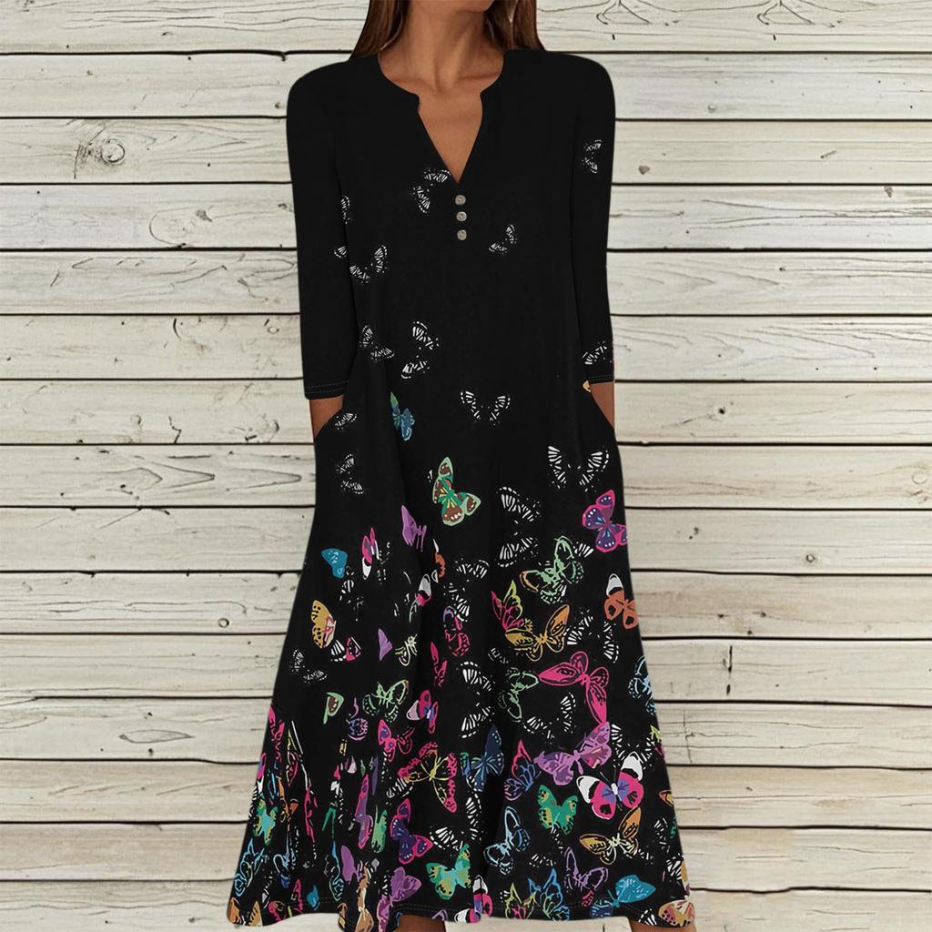 Women's Summer Casual V-Neck Button Vintage Floral Print Three-quarter Sleeve Long Dress With Pockets