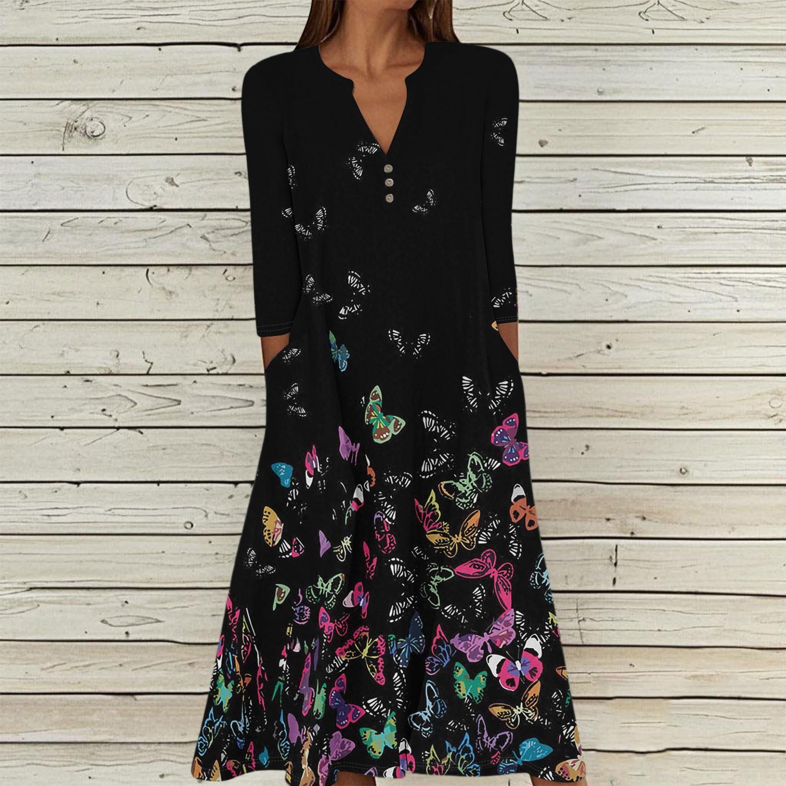 

Женское летнее повседневное платье с V-образным вырезом на пуговицах, винтажным цветочным принтом, рукавом три четверти, длинное, с карманами L