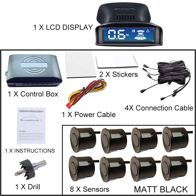 The LCD Monitoring 4-sensor Radar Detection System with Reversing Backlight Display Parking Sensor Has 12 Colors and 12V