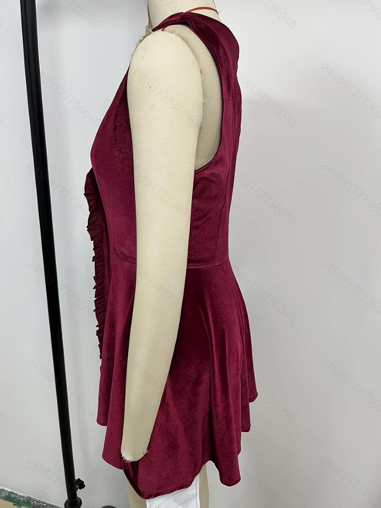 Europäisches Samt-Minikleid mit V-Ausschnitt und Rüschenbund, ärmellos, figurschmeichelnd, Stil 2026.