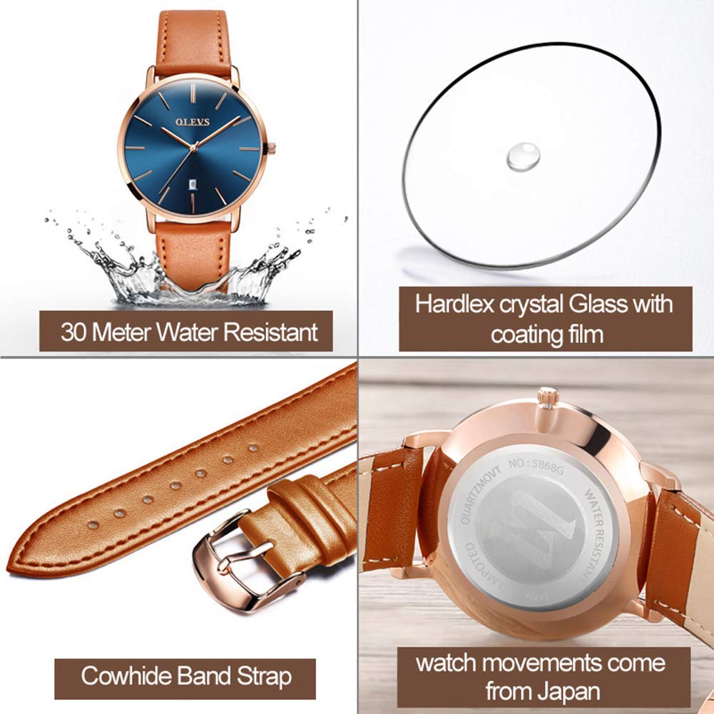 Watch Blue Stylish Hand Watch Waterproof Ultra Thin Leather Belt Brand Leather Analog Small Simple Dial Easy To Read Fashion High School Student Watch