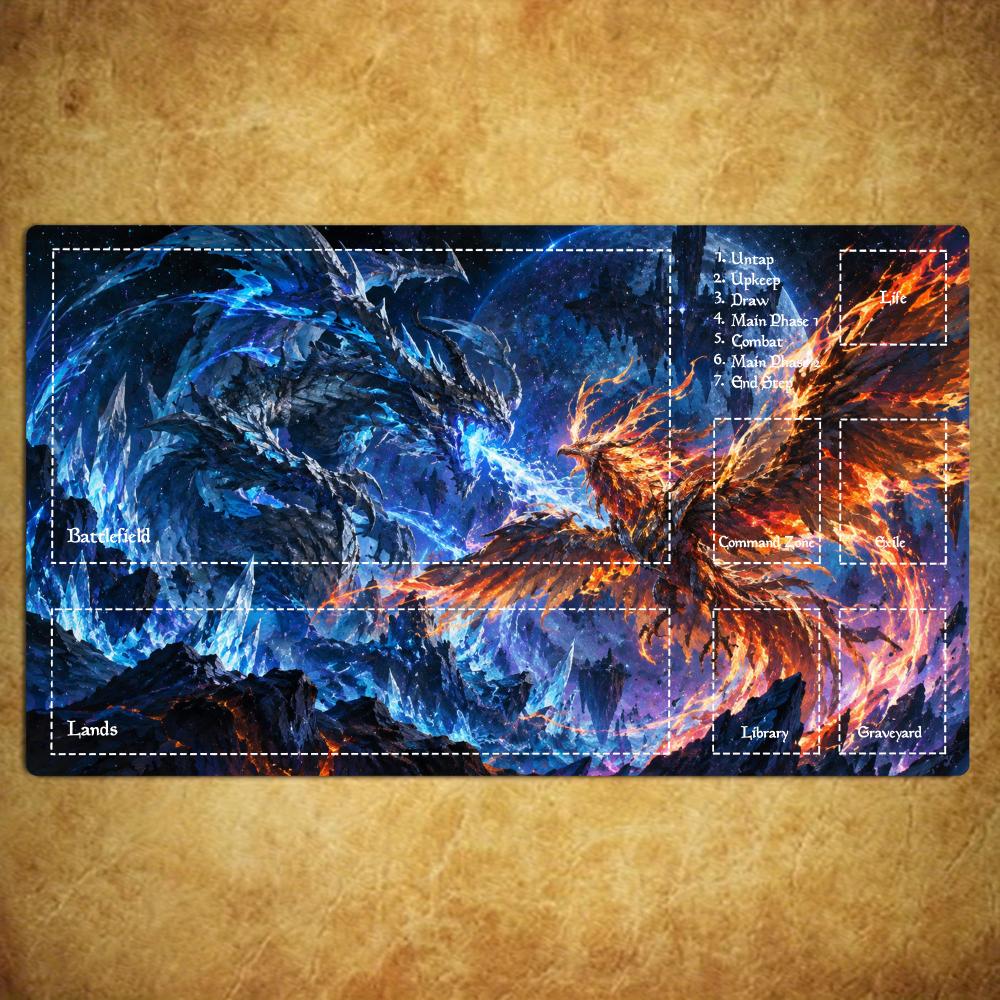 Magic Card Playmat TCG Playmat Ice Fire Phoenix Non-Slip Stitched Edge Mythic Gaming Mats Tapete Magic Mat Card Pad