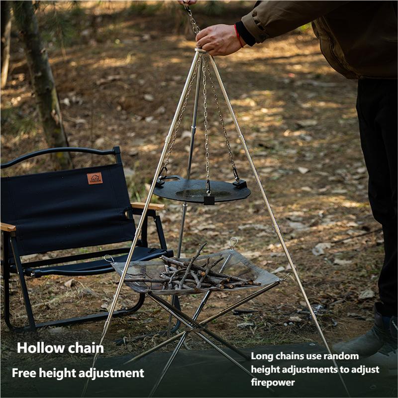 Outdoor BBQ Dreieckige Halterung Multifunktionale Abnehmbare Grill Topfablage Tragbar Verstellbar mit Kette Outdoor Camping Zubehör