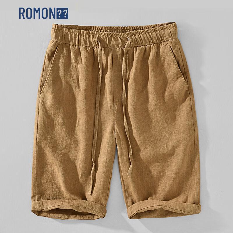 ROMON Men s Elastic Waist Linen Blend Casual Shorts M