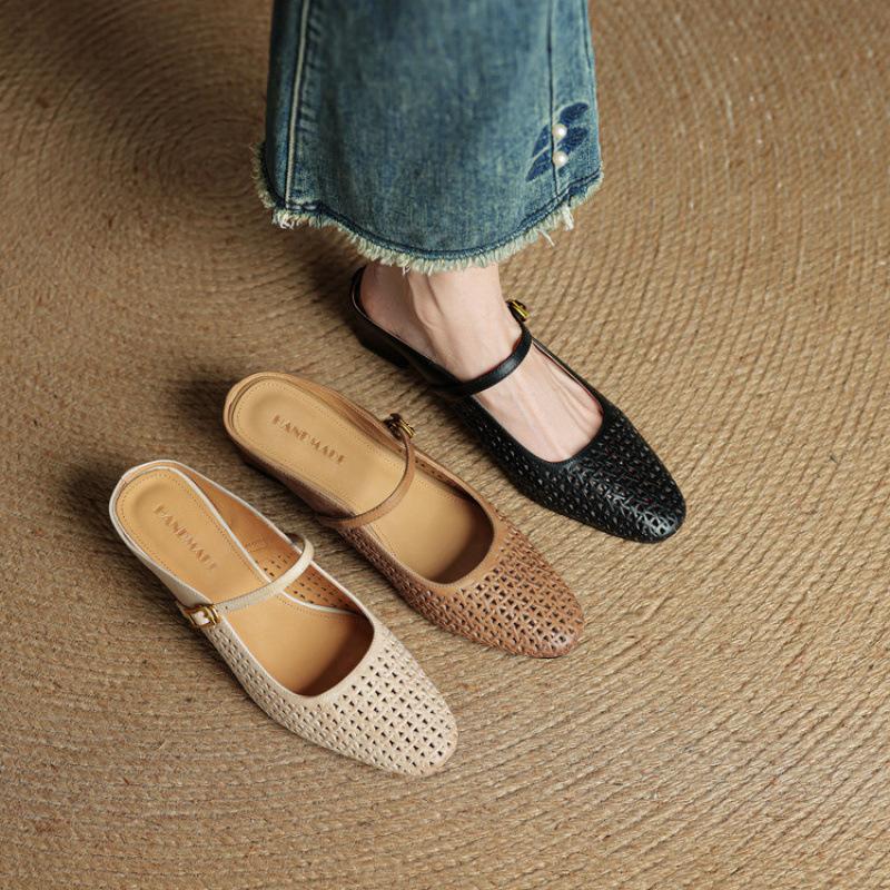 New square head cover foot pedal sandals summer bag head slippers women's beef tendon soft bottom leather size cool slippers
