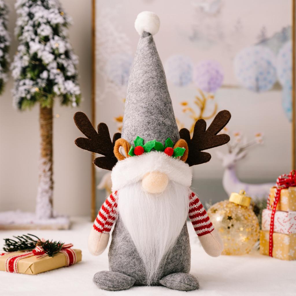 And Adorable Festive Plush Rudolf Gnome With Antlers And Colorful Pointed Hats For Christmas