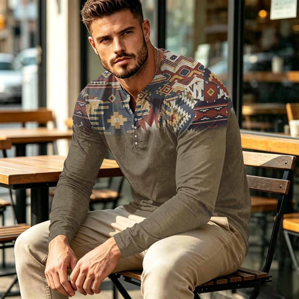 Men's Casual Vintage Boho Long Sleeve Shirt for Everyday Wear