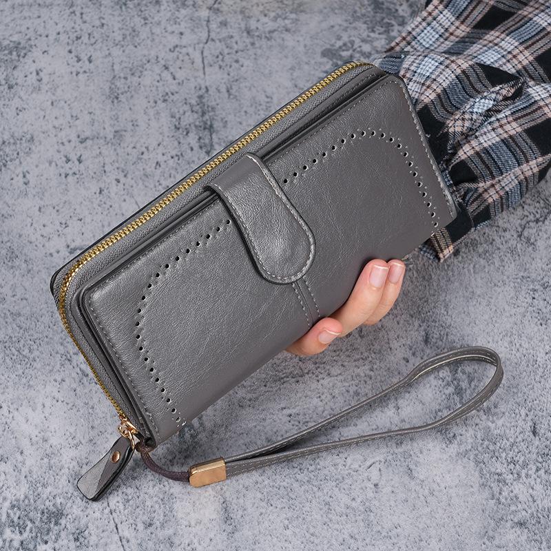Women's Retro Oil Wax PU Leather Long Wallet With Large Capacity