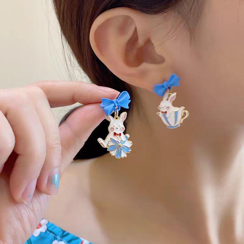 Korean Cartoon Sweet Style Blue Bow & Rabbit Teacup Earrings for Women