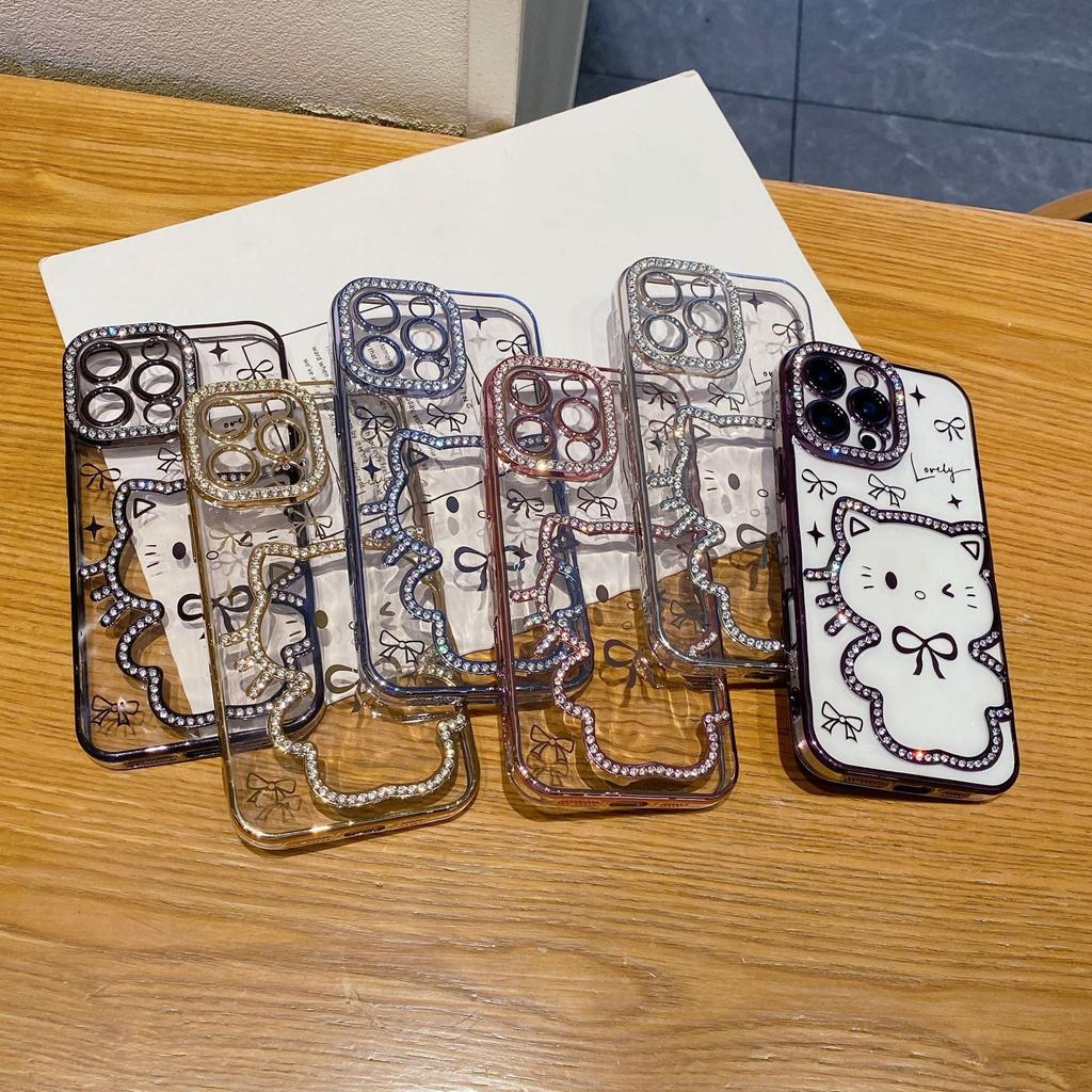 Electroplating Three-dimensional Point Drill Cute Cat iPhone16Promax Mobile Phone Case for Apple 15 Bow 14/13