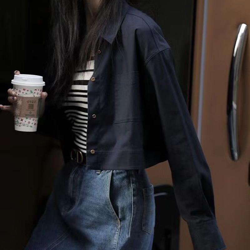 Women White Cropped Shirts Streetwear Female Long Sleeve Coats Casual Button Tops