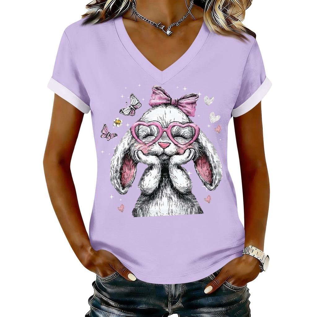 Women's Casual Printed T-Shirt V Neck Pullover Short Sleeve Top