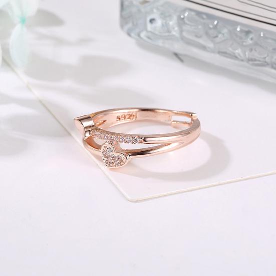 Women Open Ring Rhinestone Heart Adjustable Hollow Smooth Romantic Love Polished Anniversary Gift Wedding Ring Daily Prom Finger Ring Jewelry