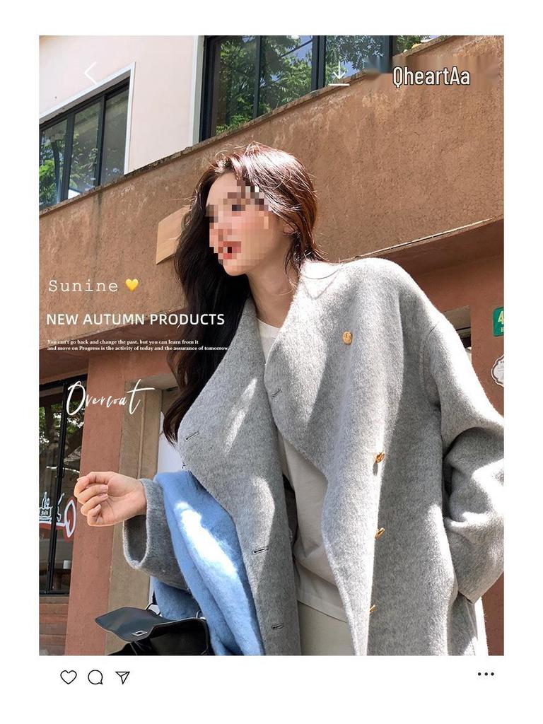 Su Jiu'er Women's 2024 Mid-Length Double-Sided Wool Coat - High-End Gray Autumn/Winter Outerwear