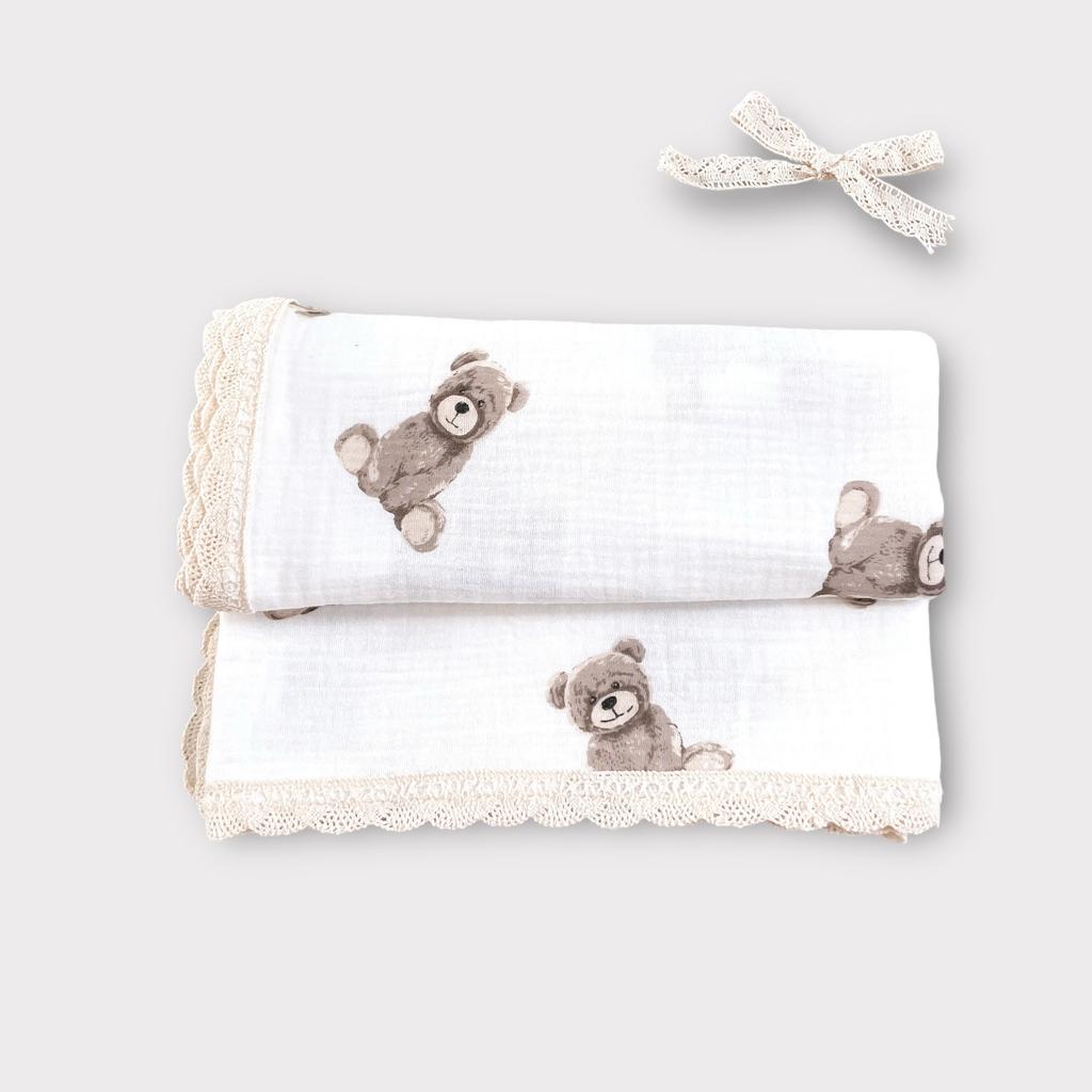 MUSLIN BLANKET 100X75 WITH LACE Bear
