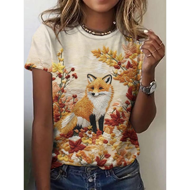 Women's Short-sleeved Round-neck T-shirt with Fox Pattern Print