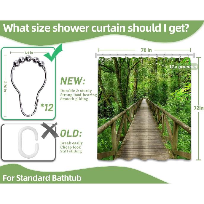 Nature Forest Wooden Bridge Shower Curtain 3D Rain Forest Scenic Landscape Shower Curta for Bathroom Decor, Waterproof Cloth Fabric with Hooks 70 X