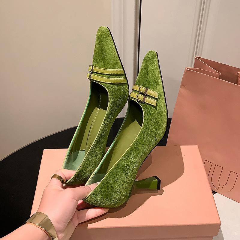 

Туфли-лодочки в европейском и американском стиле с острым носком и металлической пряжкой на высоком каблуке, модная обувь для повседневной носки, женская обувь, прямые продажи от производителя 39 зелёный
