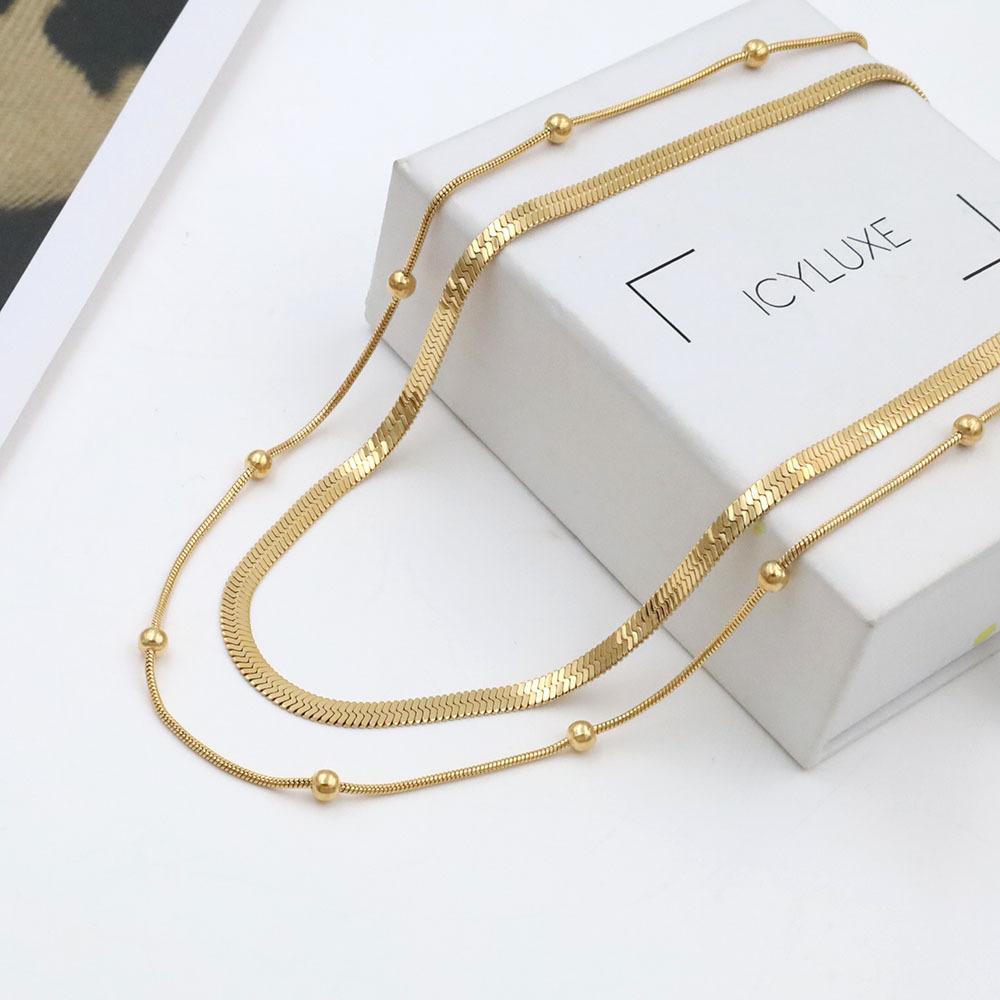 18K Vacuum Electroplated Gold Stacked Bead Chain Snake Bone Chain Women'S Fashion Stacked Titanium Steel Double-Layer Necklace