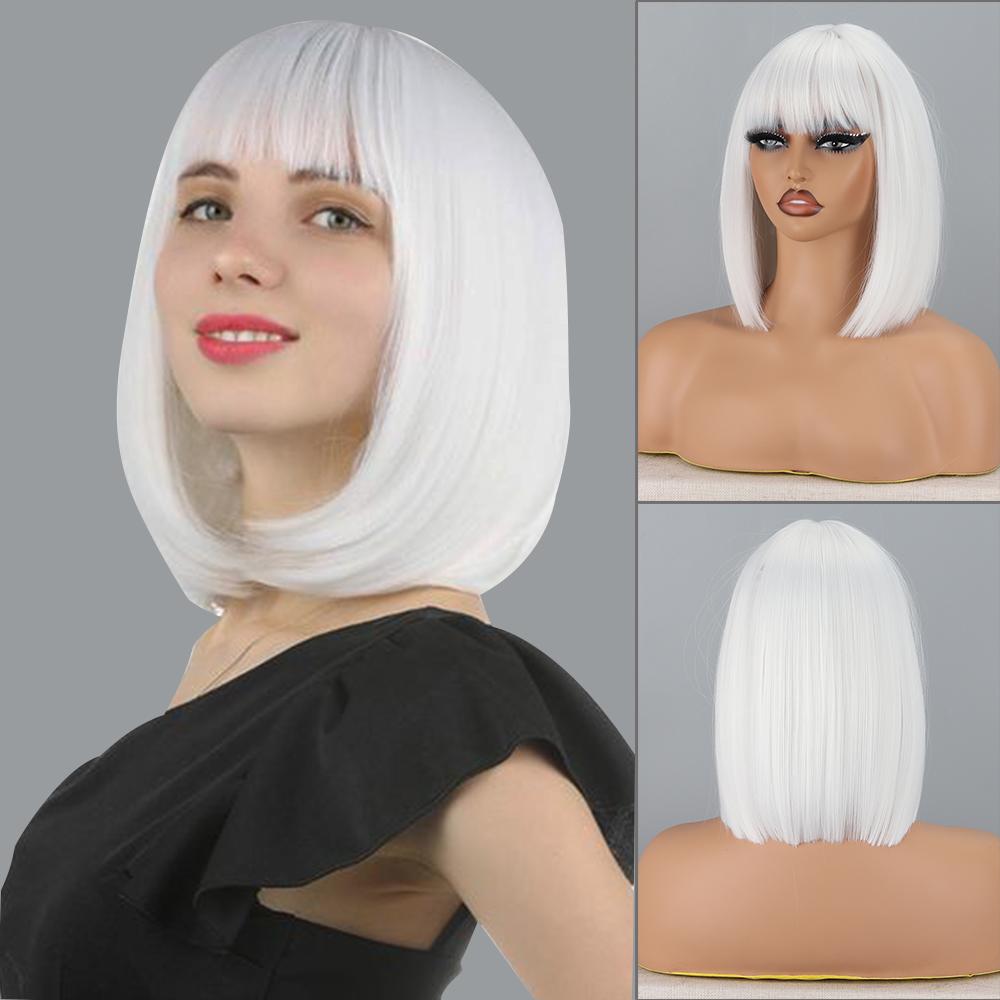 MISS WIG Damskie krótkie proste fioletowe peruki Bob do ramion z grzywką syntetyczne włókno naturalne proste peruki Bob Cosplay