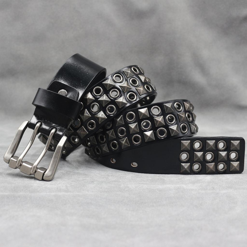 Design Punk Car Eye Hollow Rivet Men's Real Cowhide Belt Nightclub Women's Double Pin Buckle Belt