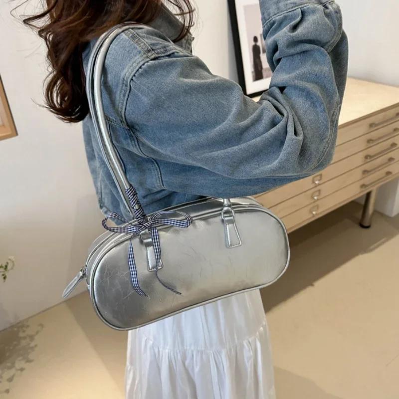 Large Capacity Silver Bag Women Portable Pillow Bag All-Match Shoulder Underarm Bag Women'S Handbag Casual Boston Commuting Bags