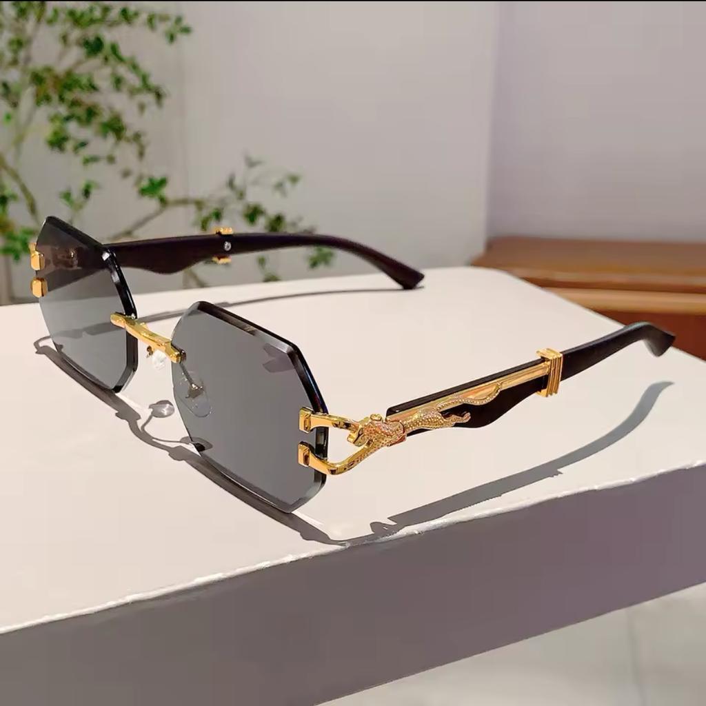 Rimless Octagon Sunglasses Women For Men Luxury Brand Design Vintage Punk Popular Metal Gold Leopard Head Sun Glasses Uv400