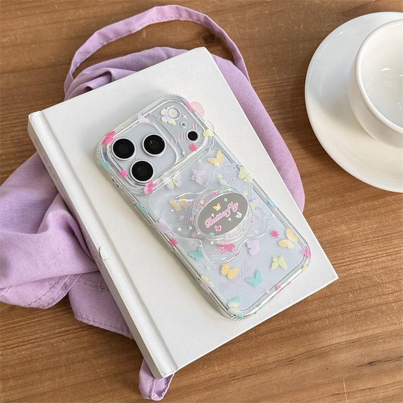 Shockproof Clear Phone Case For iPhone 14 15 16 17 Pro Max Colorful Butterfly Glitter With Pop Socket Large Window Fairy Cover