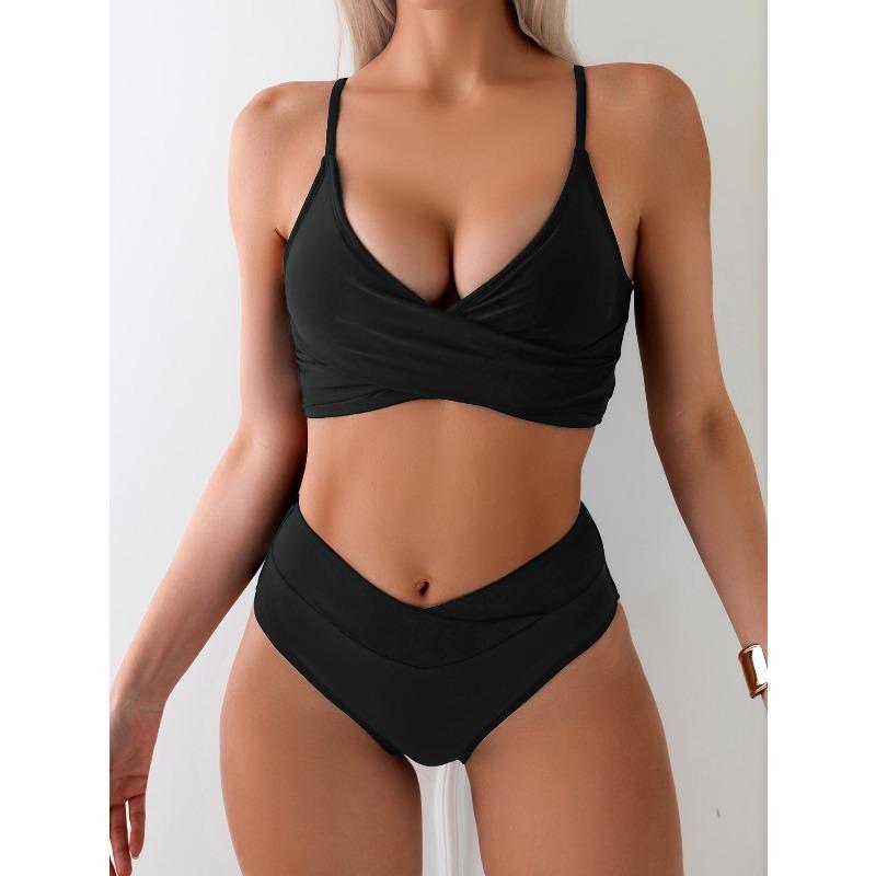 New Bikini European and American Solid Color Pleated Backless Sexy Bikini Split Swimsuit Swimsuit S